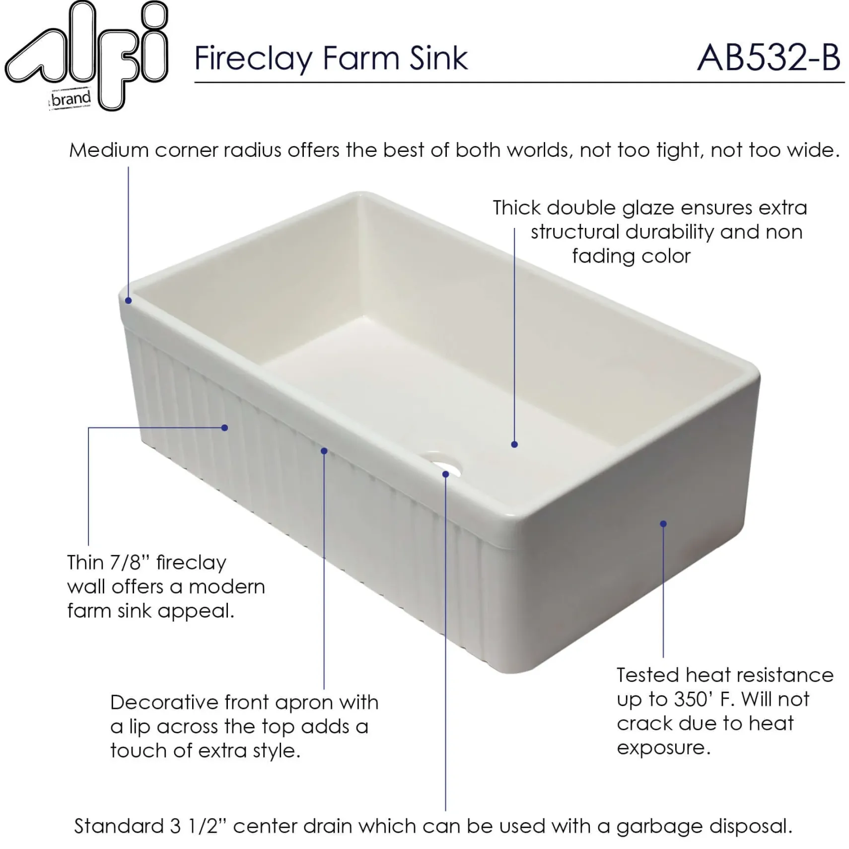 ALFI 33" Fluted Single Bowl Fireclay Farmhouse Apron Sink, Biscuit, AB532-B