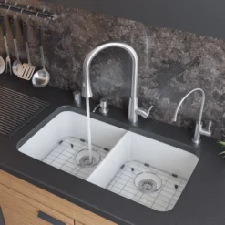 ALFI 32 inch White Double Bowl Fireclay Undermount Kitchen Sink, AB512UM-W