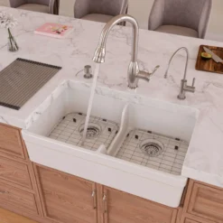 ALFI 32" Short Wall Double Bowl Fireclay Farmhouse Apron Sink, White, AB5123-W