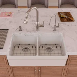 ALFI 32" Short Wall Double Bowl Fireclay Farmhouse Apron Sink, White, AB5123-W
