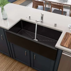 ALFI 36" Single Bowl Fireclay Farmhouse Kitchen Sink, Black Gloss, Reversible, AB3618HS-BG