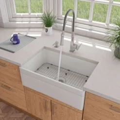 ALFI 30" Single Bowl Fireclay Farmhouse Apron Sink, White, Decorative, AB511-W