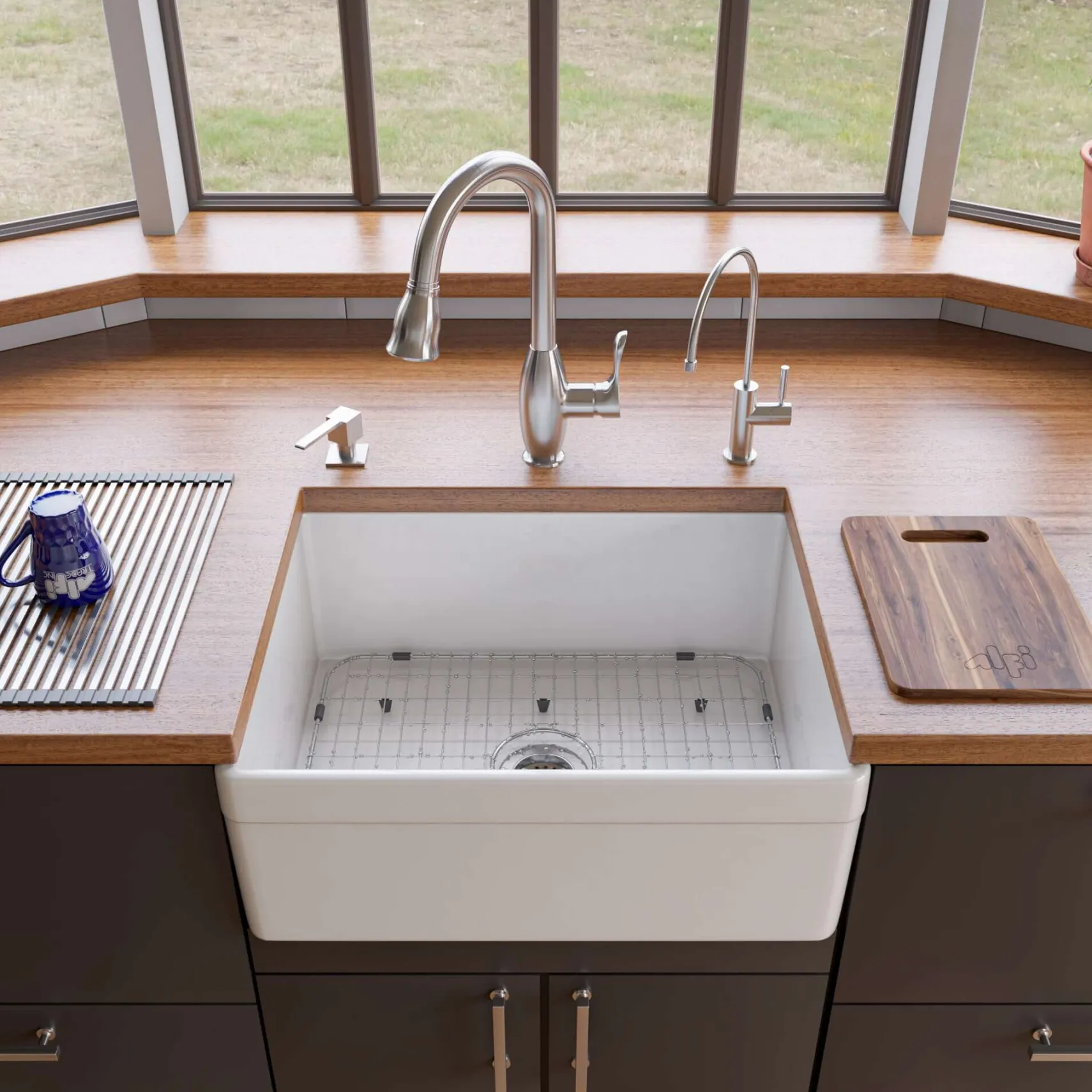 ALFI 26" Single Bowl Fireclay Farmhouse Apron Sink, White, Decorative, AB506-W