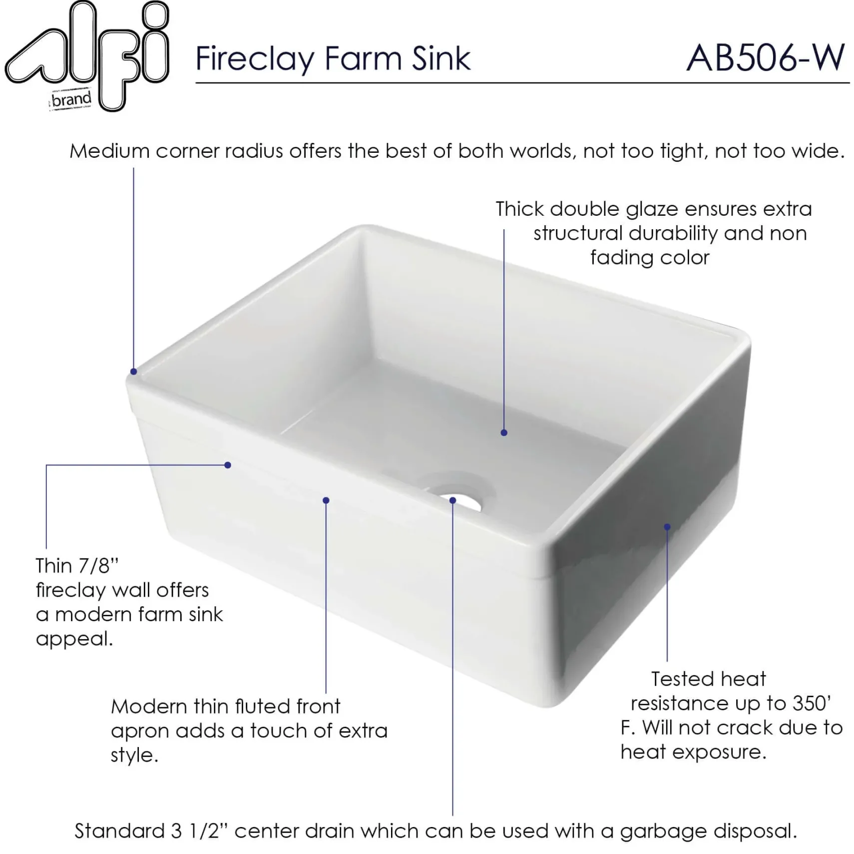 ALFI 26" Single Bowl Fireclay Farmhouse Apron Sink, White, Decorative, AB506-W