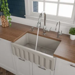 ALFI 30" Single Bowl Fireclay Farmhouse Apron Sink, Biscuit, Reversible, AB3018HS-B