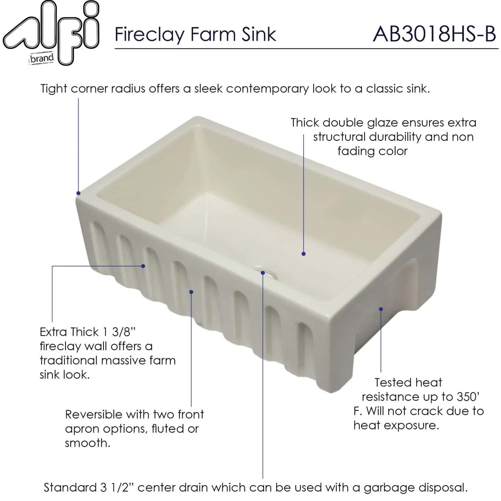 ALFI 30" Single Bowl Fireclay Farmhouse Apron Sink, Biscuit, Reversible, AB3018HS-B