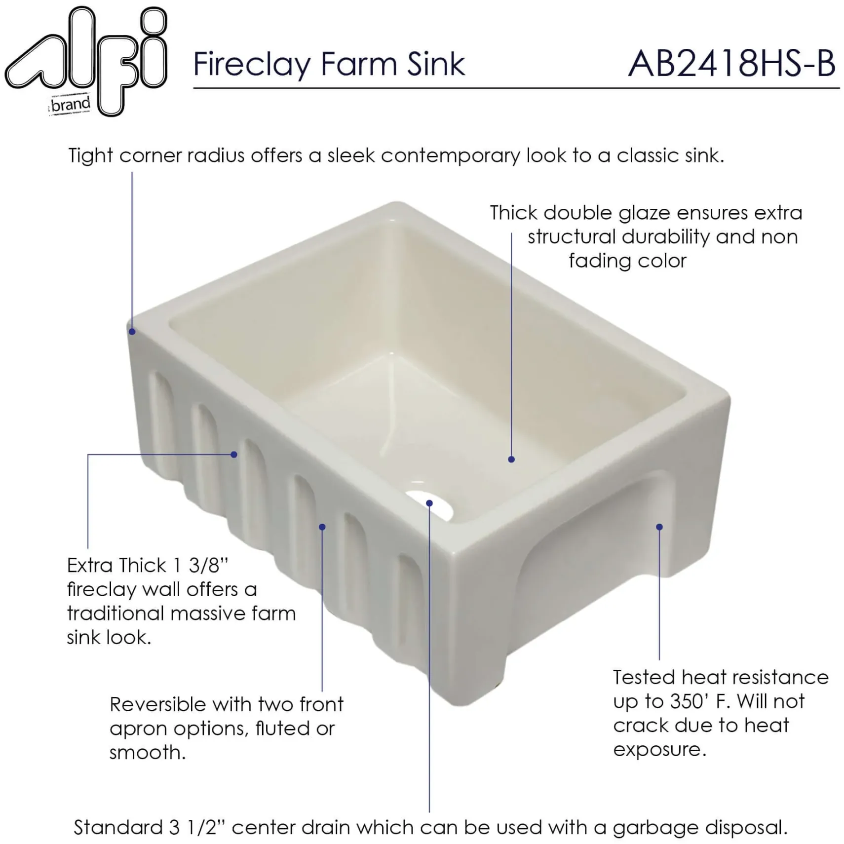 ALFI 24" Single Bowl Fireclay Farmhouse Apron Sink, Biscuit, Reversible, AB2418HS-B