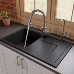 ALFI 34" Single Bowl Granite Composite Kitchen Sink with Drainboard, Black, AB1620DI-BLA
