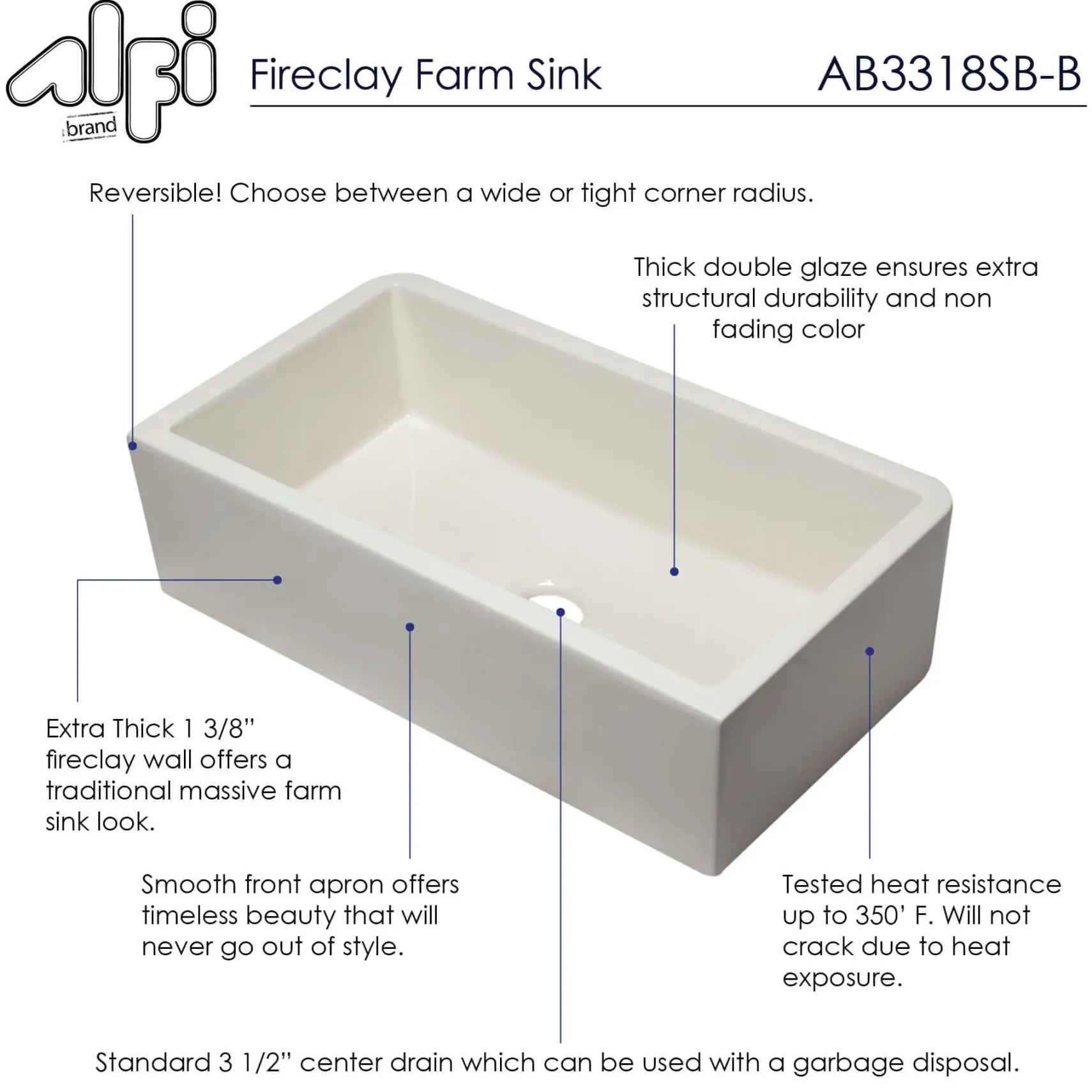 ALFI 33" Single Bowl Thick Wall Fireclay Farmhouse Apron Sink, Reversible, Biscuit, AB3318SB-B