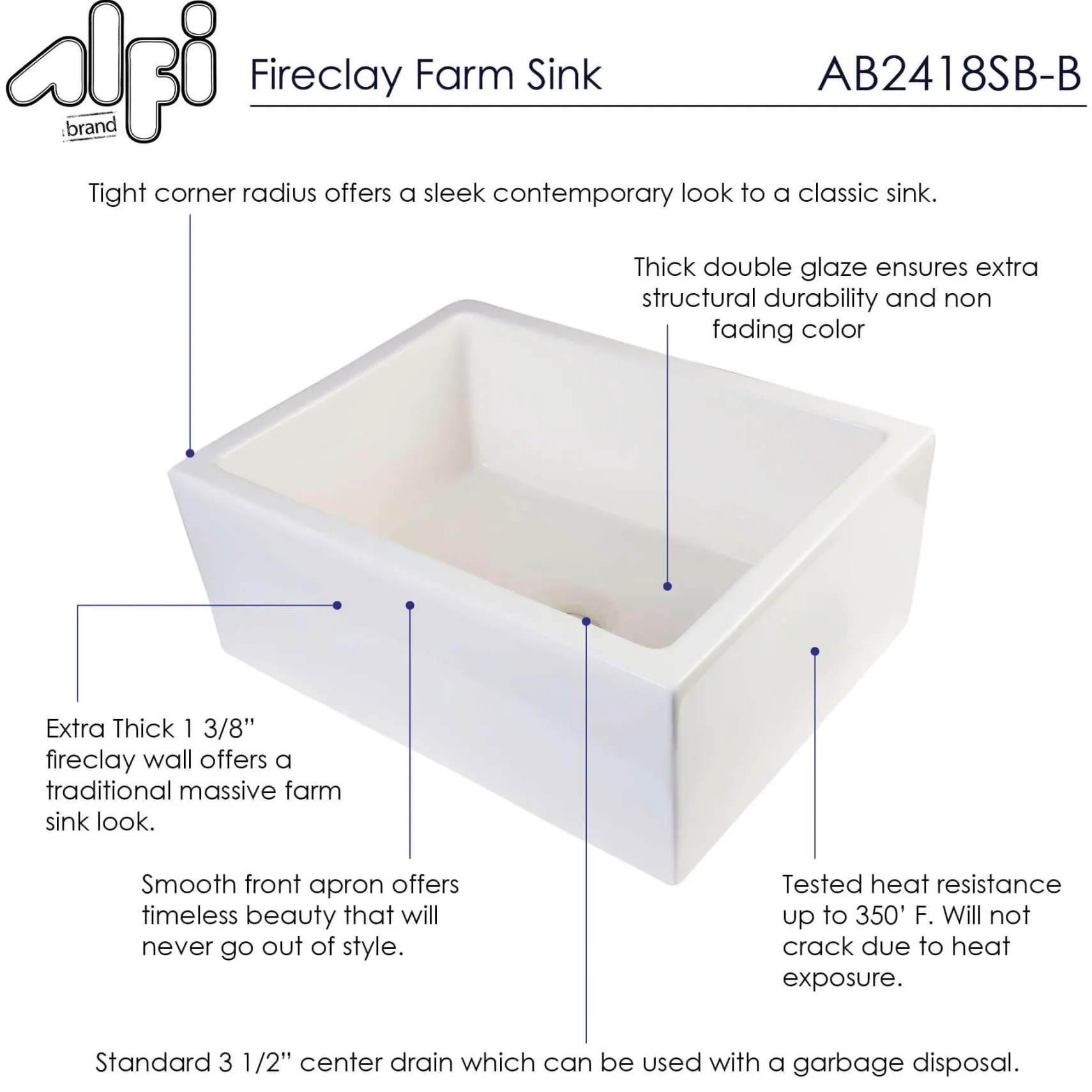 ALFI 24" Single Bowl Thick Wall Fireclay Farmhouse Apron Sink, Biscuit, AB2418SB-B