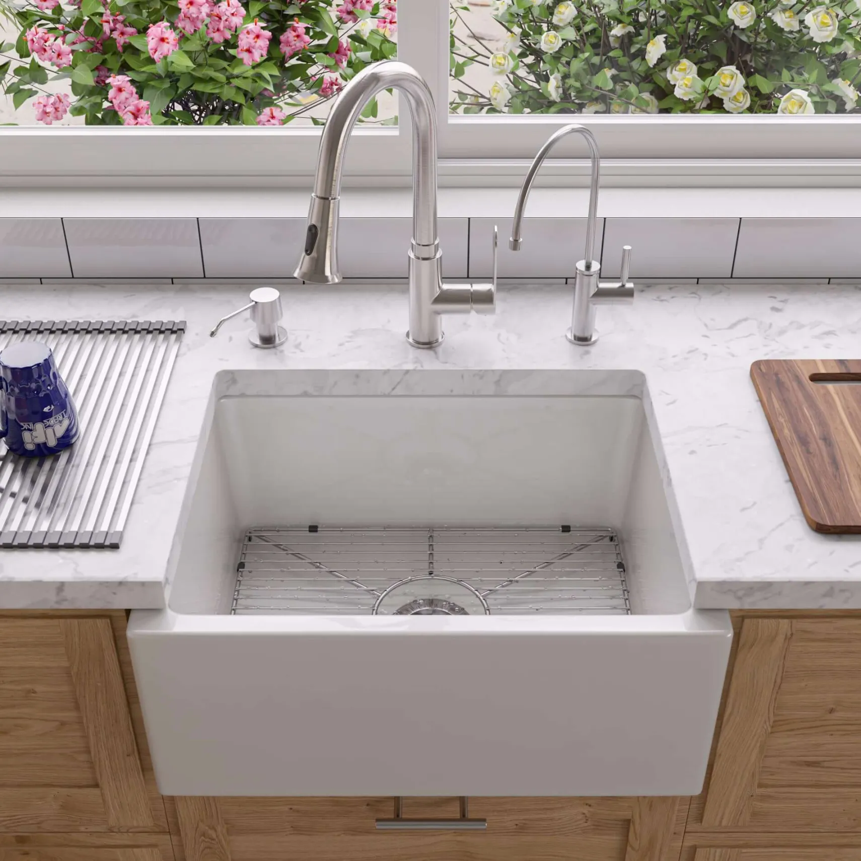 ALFI 24" Single Bowl Thick Wall Fireclay Farmhouse Apron Sink, White, AB2418SB-W