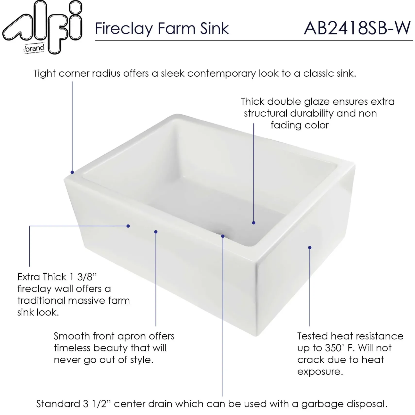 ALFI 24" Single Bowl Thick Wall Fireclay Farmhouse Apron Sink, White, AB2418SB-W