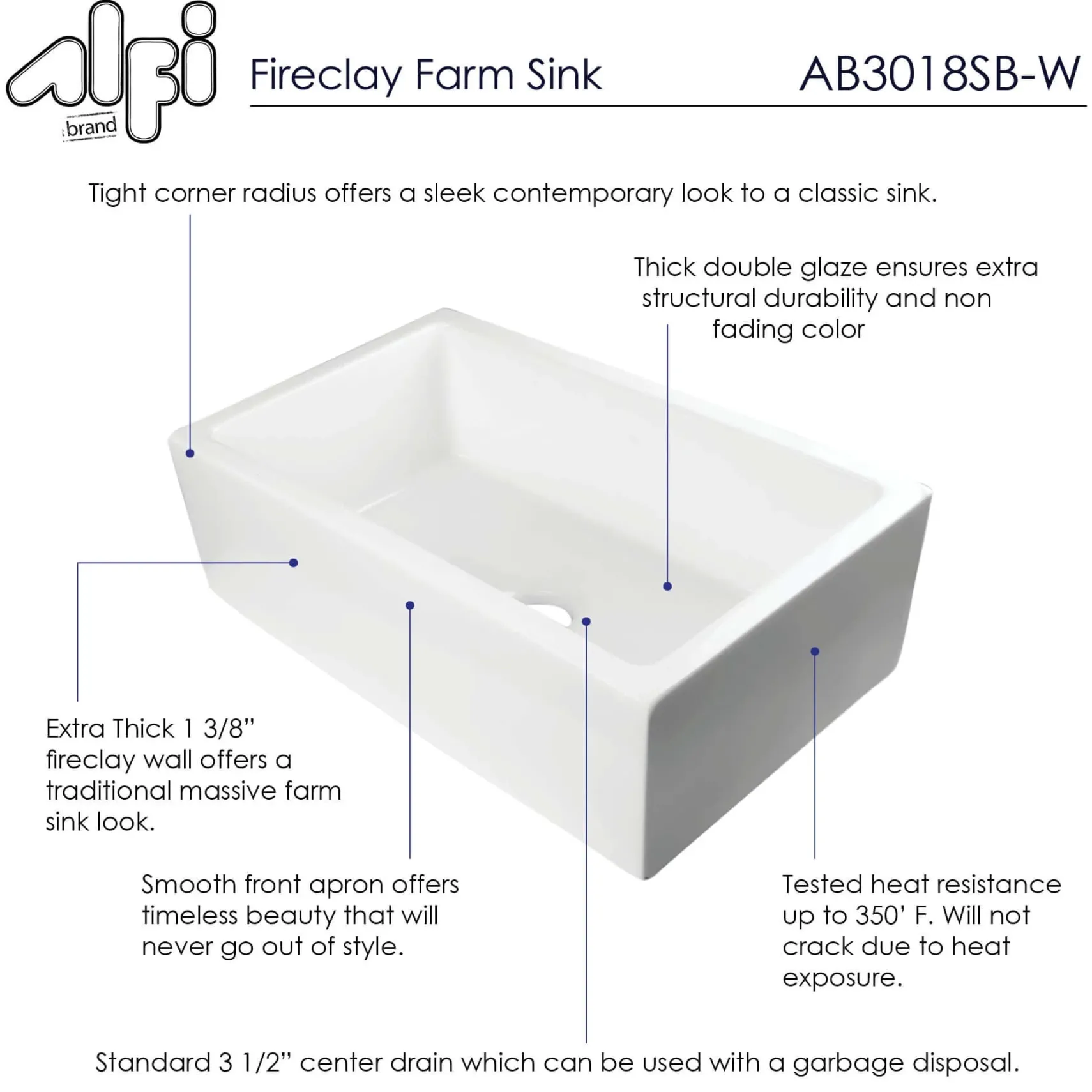 ALFI 30" Single Bowl Thick Wall Fireclay Farmhouse Apron Sink, White, AB3018SB-W