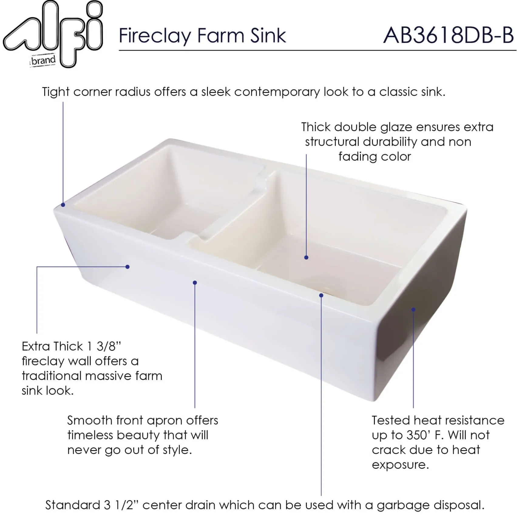 ALFI 36" Smooth Double Bowl Thick Wall Fireclay Farmhouse Sink, Biscuit, AB3618DB-B