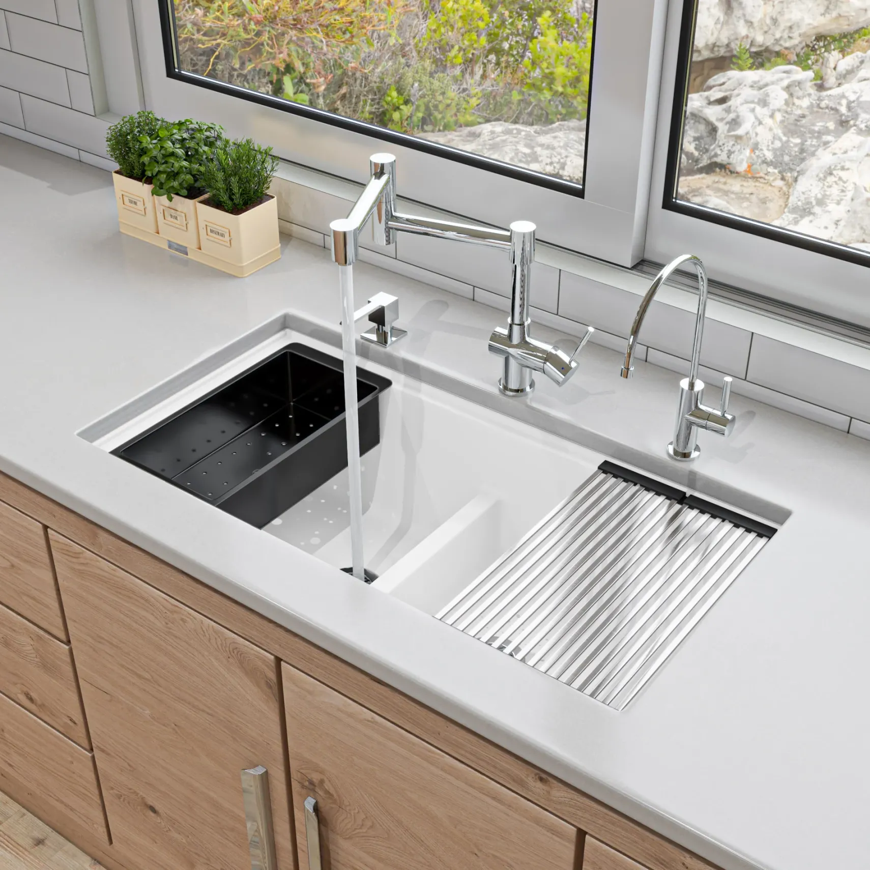 ALFI 34" Undermount Granite Composite Workstation Kitchen Sink with Accessories, 50/50 Double Bowl, White, 0 Faucet Hole, AB3418DBUM-W