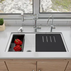 ALFI 34" Undermount Granite Composite Workstation Kitchen Sink with Accessories, 50/50 Double Bowl, White, 0 Faucet Hole, AB3418DBUM-W