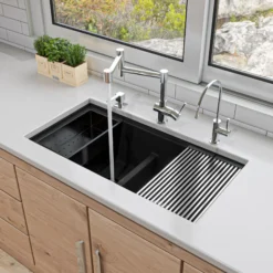 ALFI 34" Undermount Granite Composite Workstation Kitchen Sink with Accessories, 50/50 Double Bowl, Black, 0 Faucet Hole, AB3418DBUM-BLA