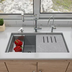 ALFI 34" Undermount Granite Composite Workstation Kitchen Sink with Accessories, 50/50 Double Bowl, Titanium, 0 Faucet Hole, AB3418DBUM-T