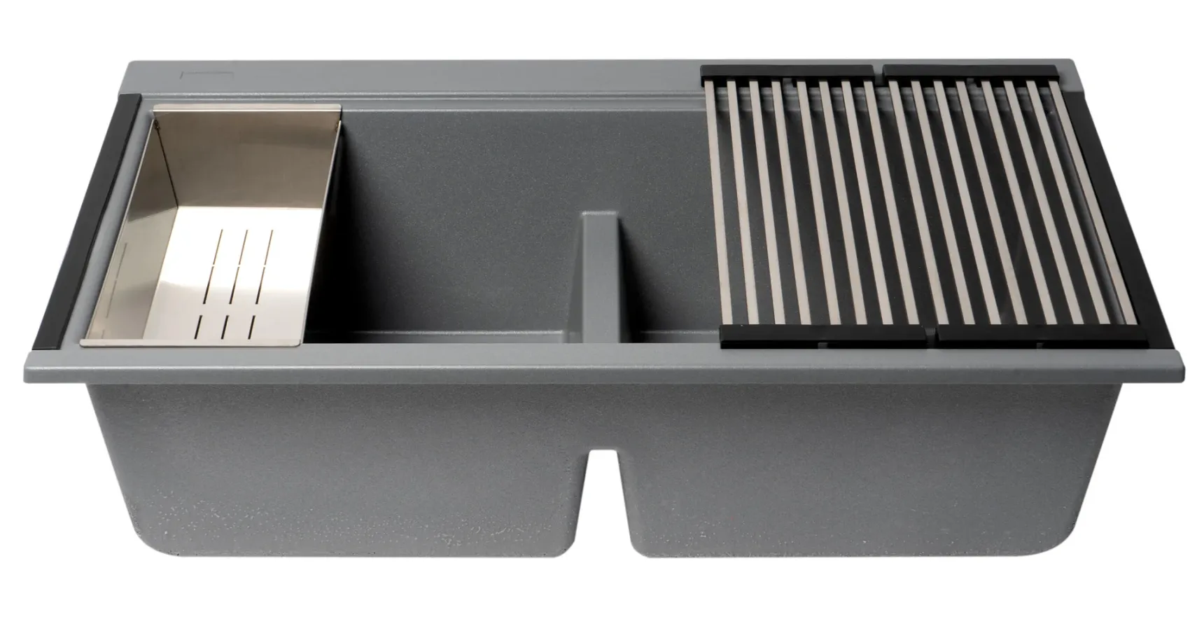 ALFI 34" Undermount Granite Composite Workstation Kitchen Sink with Accessories, 50/50 Double Bowl, Titanium, 0 Faucet Hole, AB3418DBUM-T