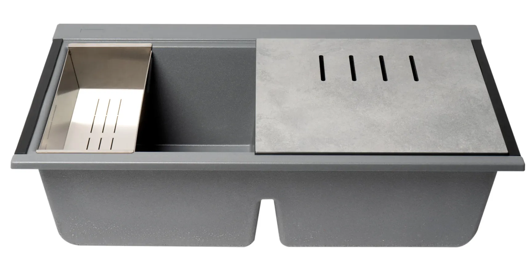 ALFI 34" Undermount Granite Composite Workstation Kitchen Sink with Accessories, 50/50 Double Bowl, Titanium, 0 Faucet Hole, AB3418DBUM-T