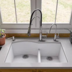 ALFI White 33" Double Bowl Undermount Granite Composite Kitchen Sink, AB3320UM-W