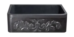 30" Black Granite Stone Farmhouse Kitchen Sink, Single Bowl, Floral Front, KF302010SB-F2-BK