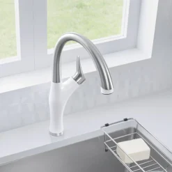 Blanco Artona 1.5 GPM Brass Kitchen Faucet, Pull-Down, White/Stainless, 442036