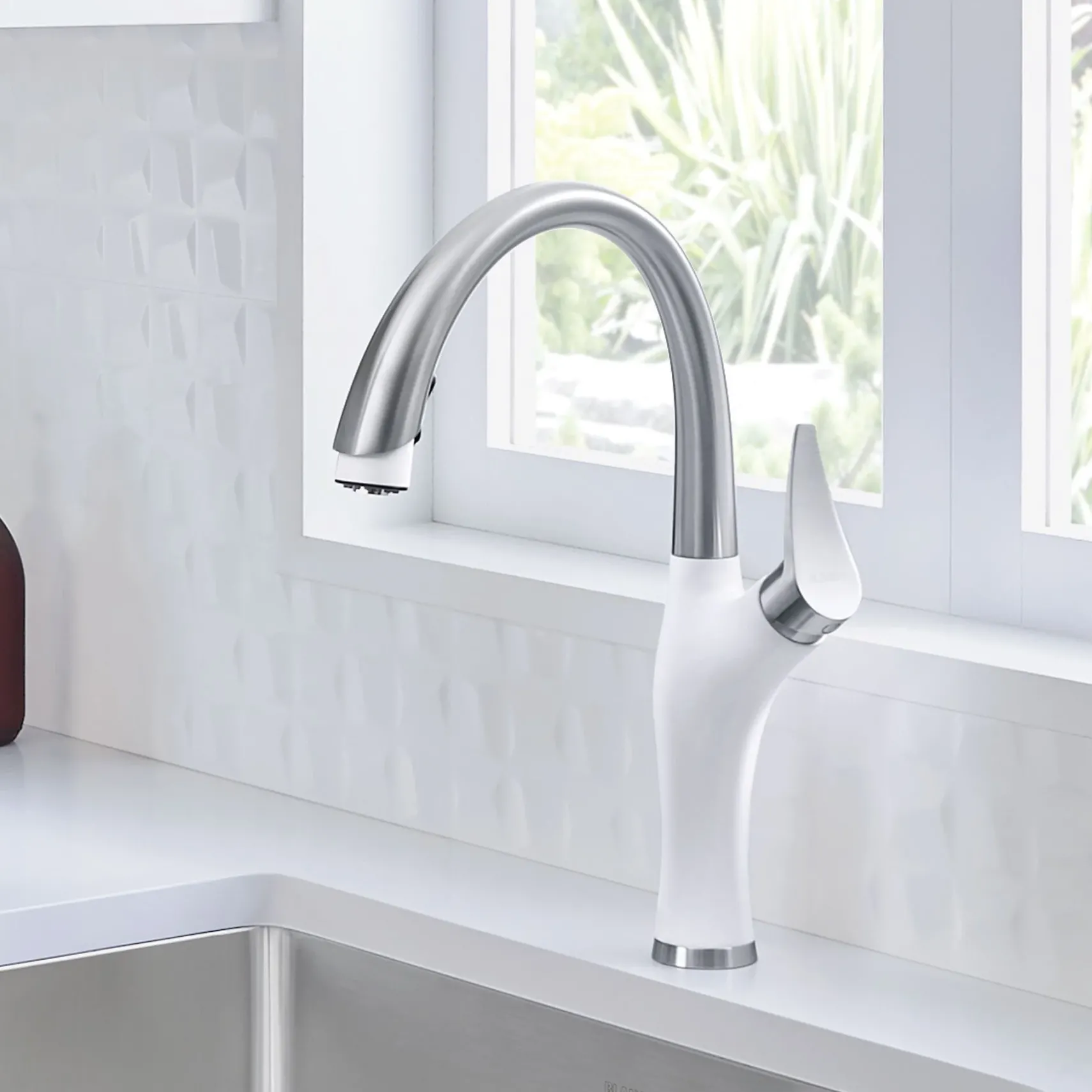 Blanco Artona 1.5 GPM Brass Kitchen Faucet, Pull-Down, White/Stainless, 442036
