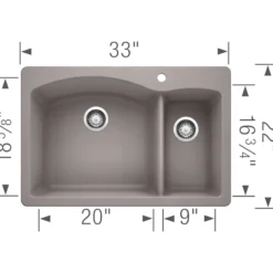 Blanco Diamond 33" Dual Mount Granite Composite Kitchen Sink, Silgranit, 70/30 Double Bowl, Metallic Gray, 440198
