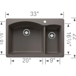 Blanco Diamond 33" Dual Mount Granite Composite Kitchen Sink, Silgranit, 70/30 Double Bowl, Volcano Gray, 443099