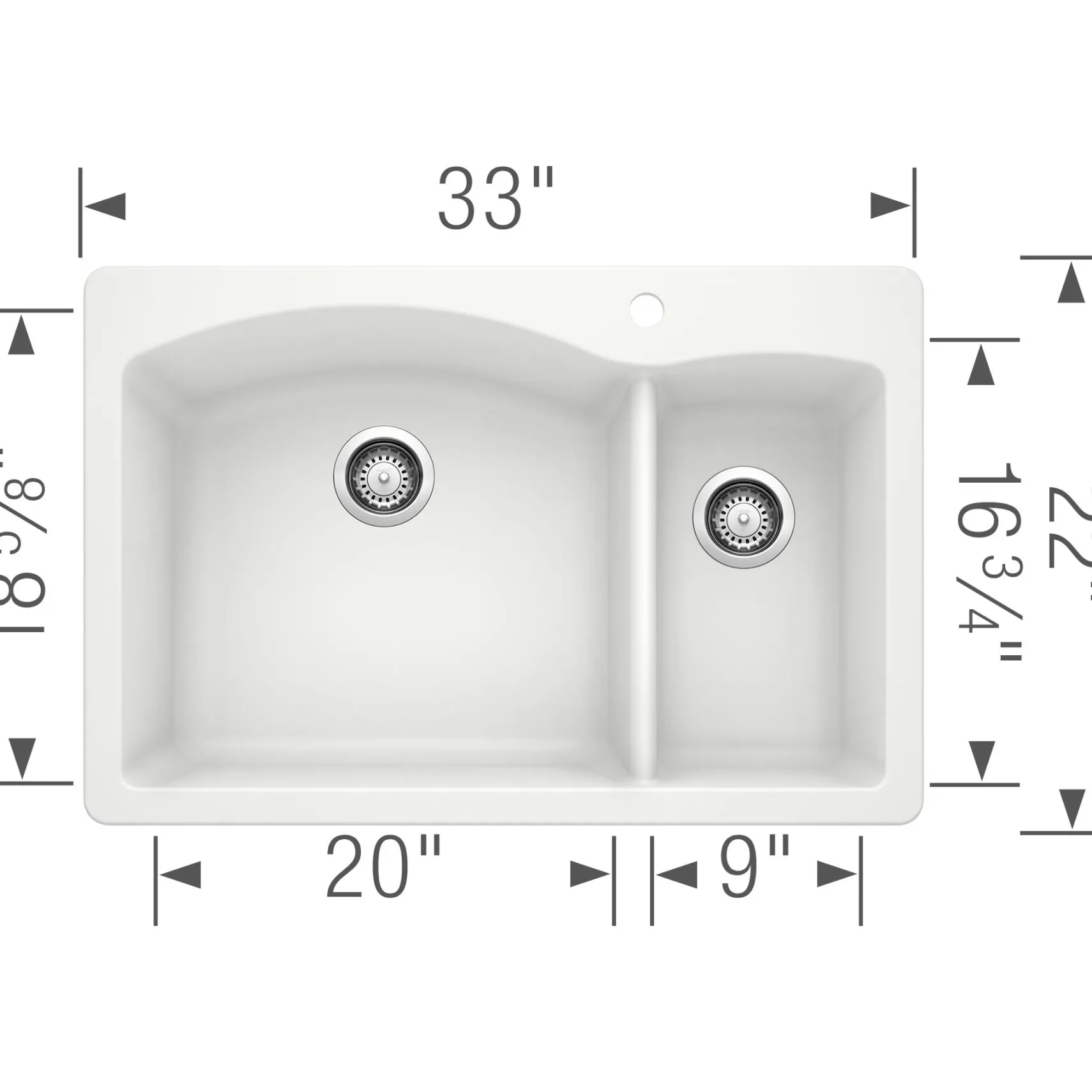 Blanco Diamond 33" Dual Mount Granite Composite Kitchen Sink, Silgranit, 70/30 Double Bowl, White, 440200