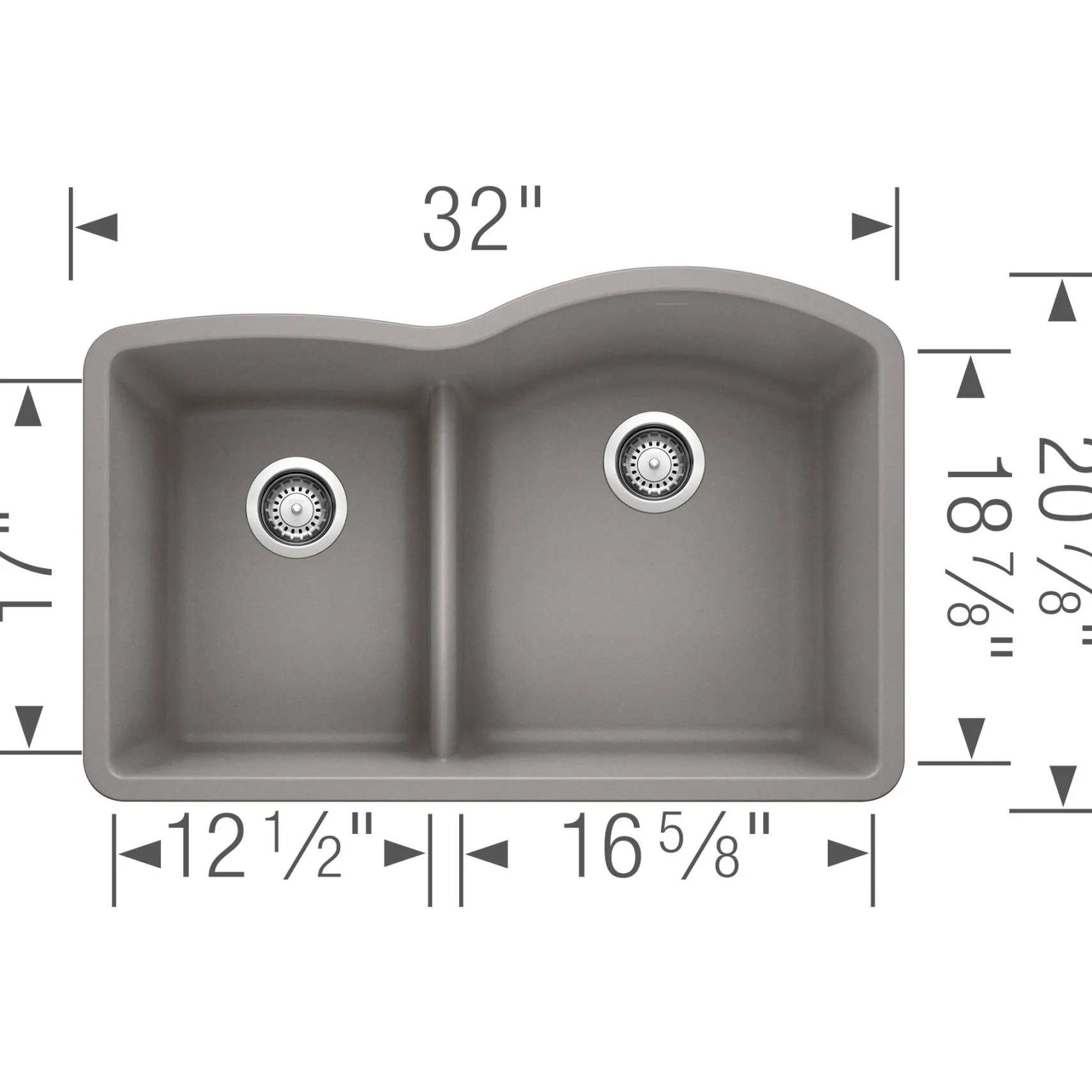 Blanco Diamond 32" Undermount Granite Composite Kitchen Sink, Silgranit, 40/60 Double Bowl, Metallic Gray, 441601