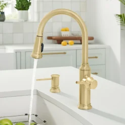 Blanco Empressa High Arc Pull-Down Dual-Spray Kitchen Faucet, Satin Gold, 1.5 GPM, Brass, 442980