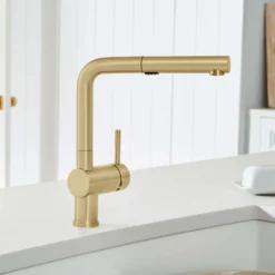 Blanco Linus Low Arc Pull-Out Dual-Spray Kitchen Faucet, Satin Gold, 1.5 GPM, Brass, 526686