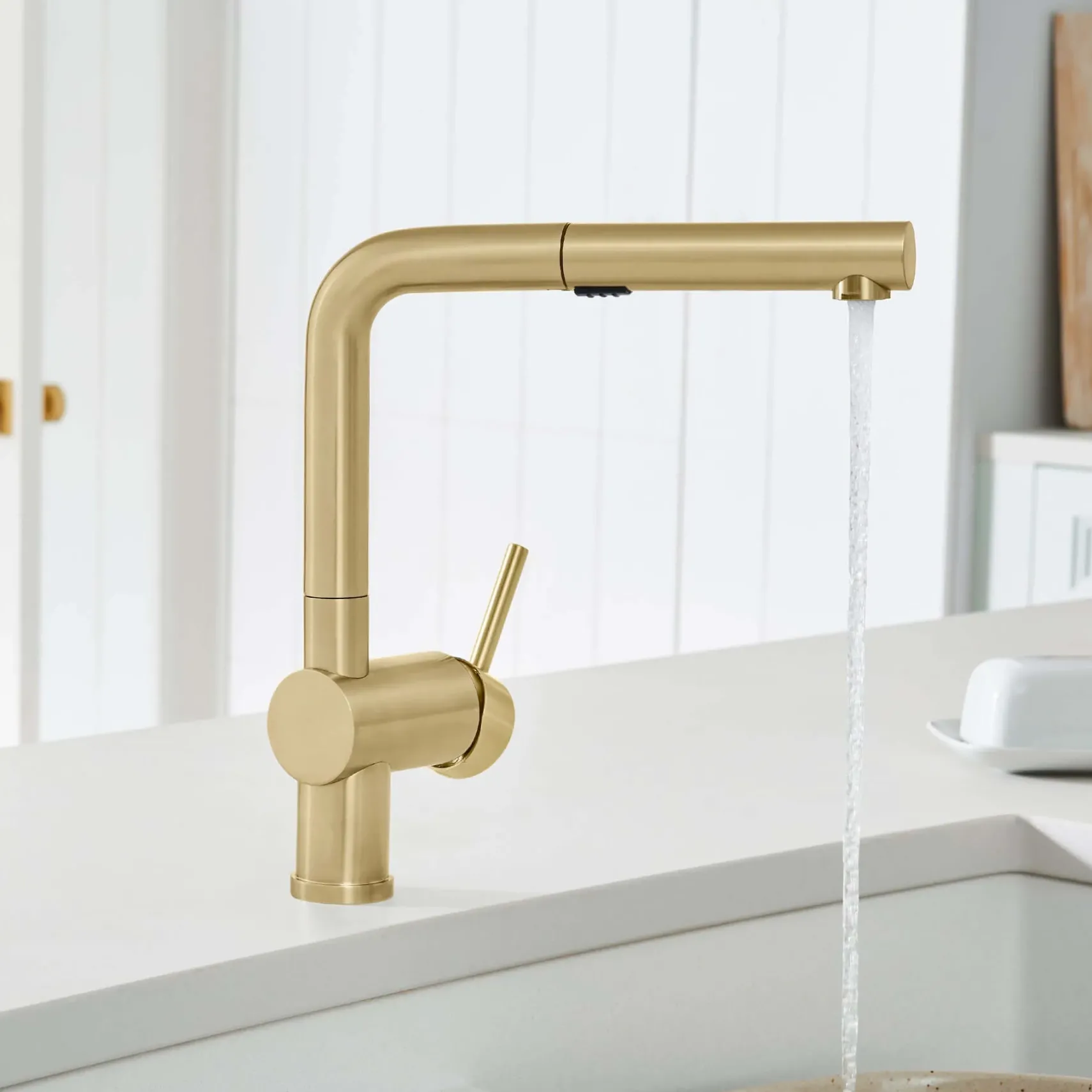 Blanco Linus Low Arc Pull-Out Dual-Spray Kitchen Faucet, Satin Gold, 1.5 GPM, Brass, 526686
