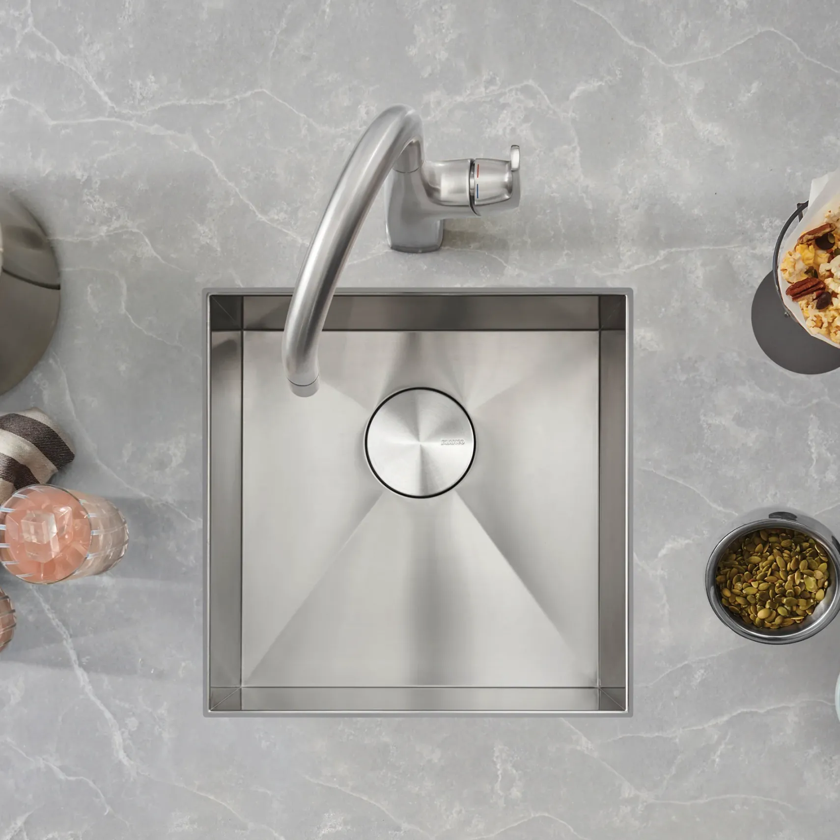 Blanco Quatrus 17" Square Stainless Steel Bar/Prep Sink, Satin Polish, 18 Gauge, No Faucet Hole, 443049