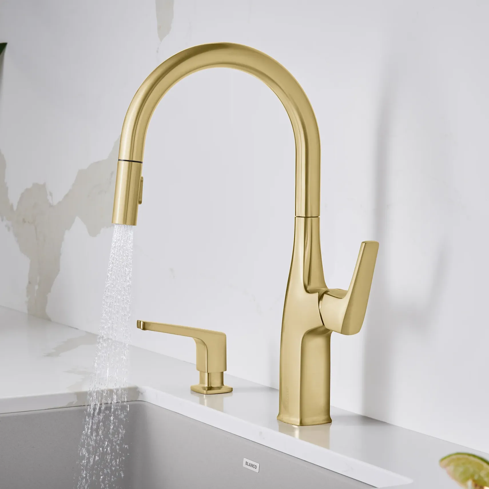Blanco Rivana High-Arc Pull-Down Dual-Spray Kitchen Faucet, Satin Gold, 1.5 GPM, Brass, 442985