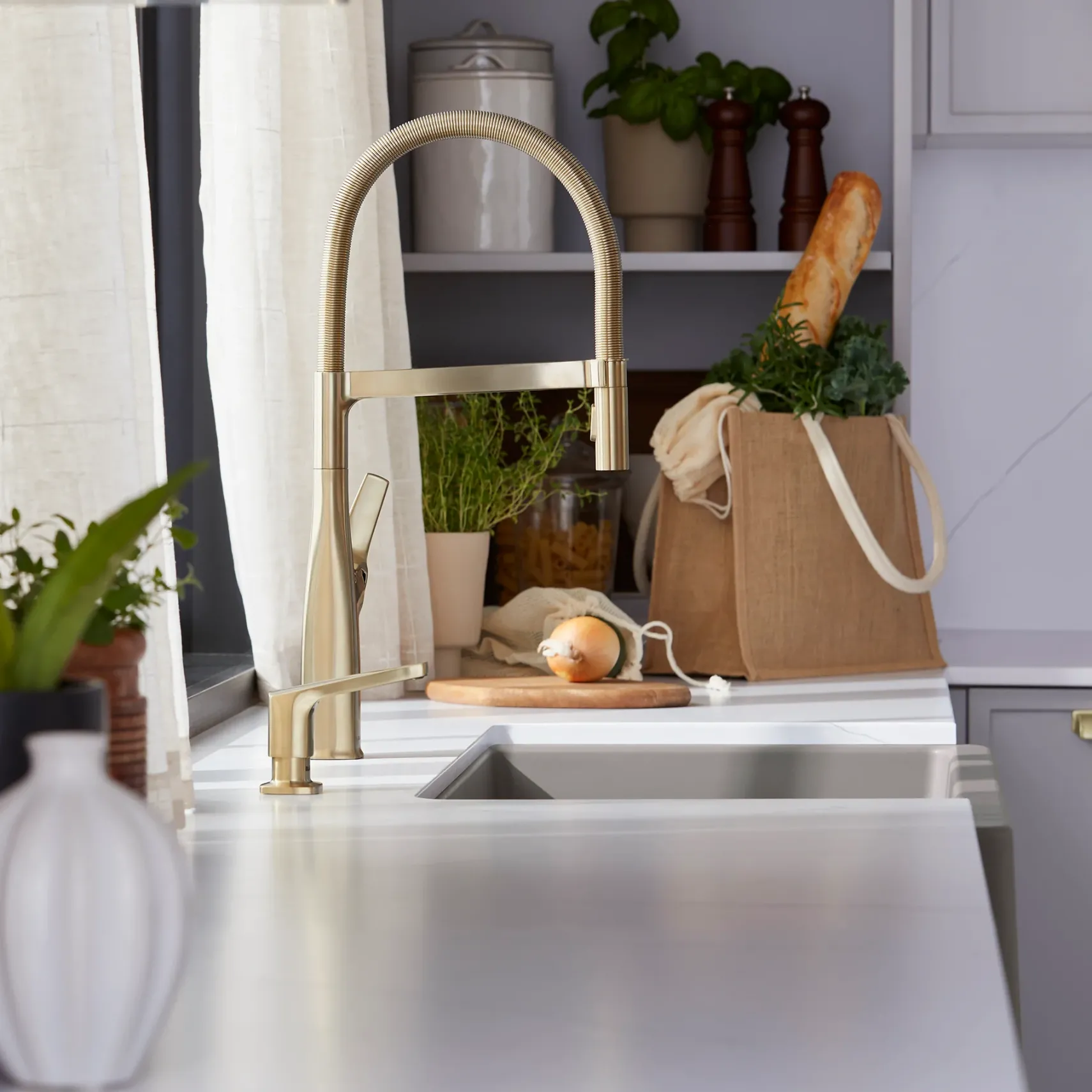 Blanco Rivana Semi-Pro Pull-Down Dual-Spray Kitchen Faucet, Satin Gold, 1.5 GPM, Brass, 442984