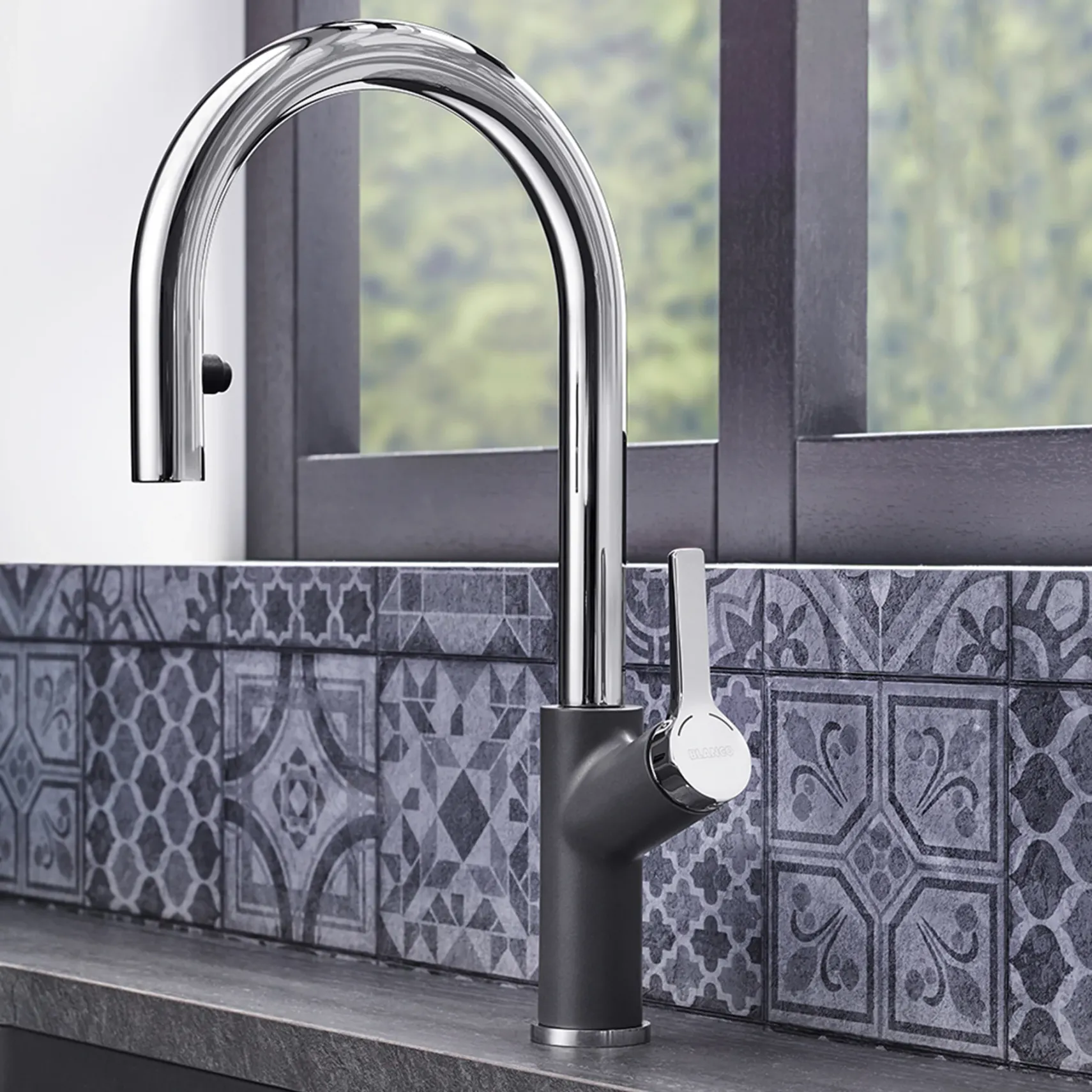 Blanco Urbena 1.5 GPM Brass Kitchen Faucet, Pull-Down, Cinder/Chrome, 526395