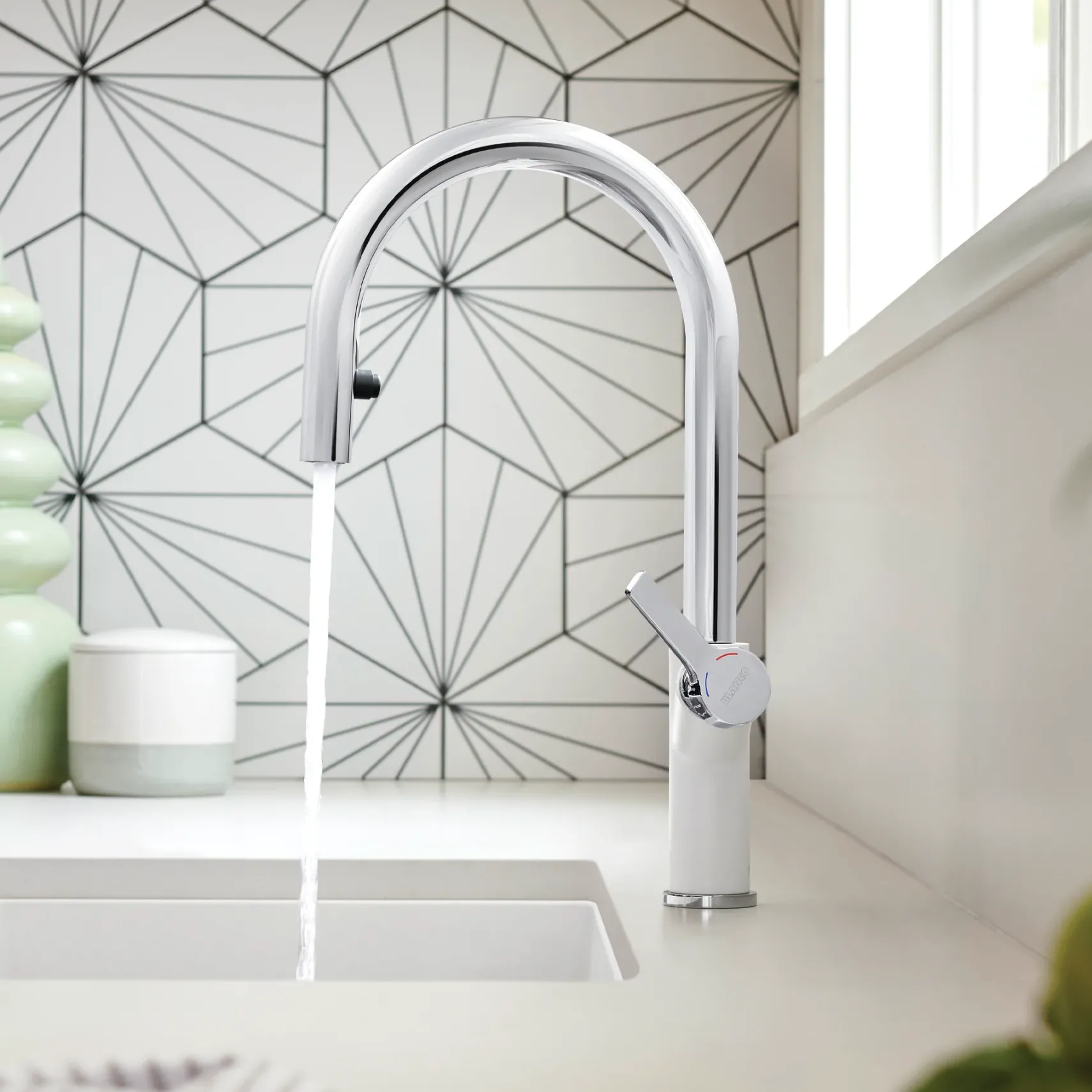 Blanco Urbena 1.5 GPM Brass Kitchen Faucet, Pull-Down, White/Chrome, 526391