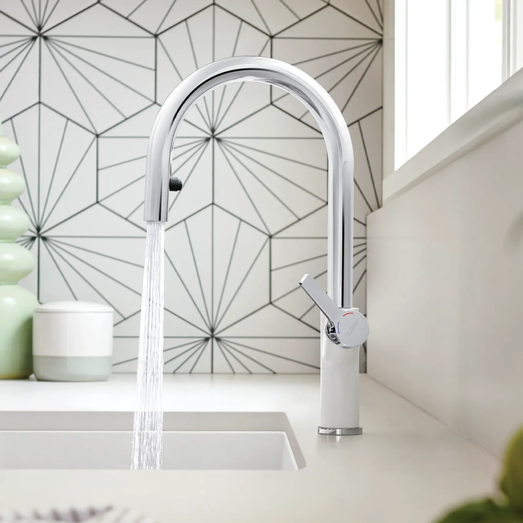 Blanco Urbena 1.5 GPM Brass Kitchen Faucet, Pull-Down, White/Chrome, 526391