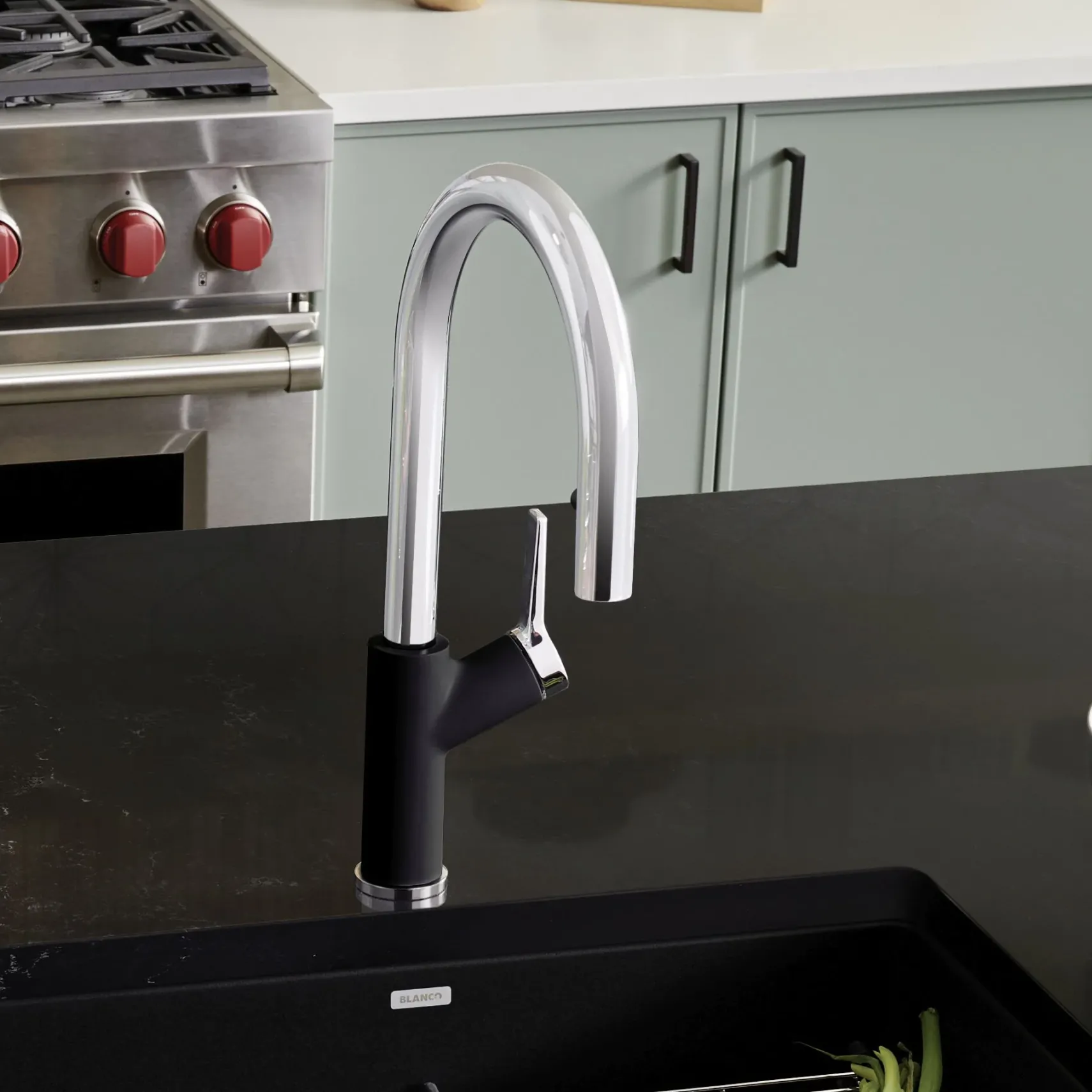 Blanco Urbena 1.5 GPM Brass Kitchen Faucet, Pull-Down, Coal Black/Chrome, 526398