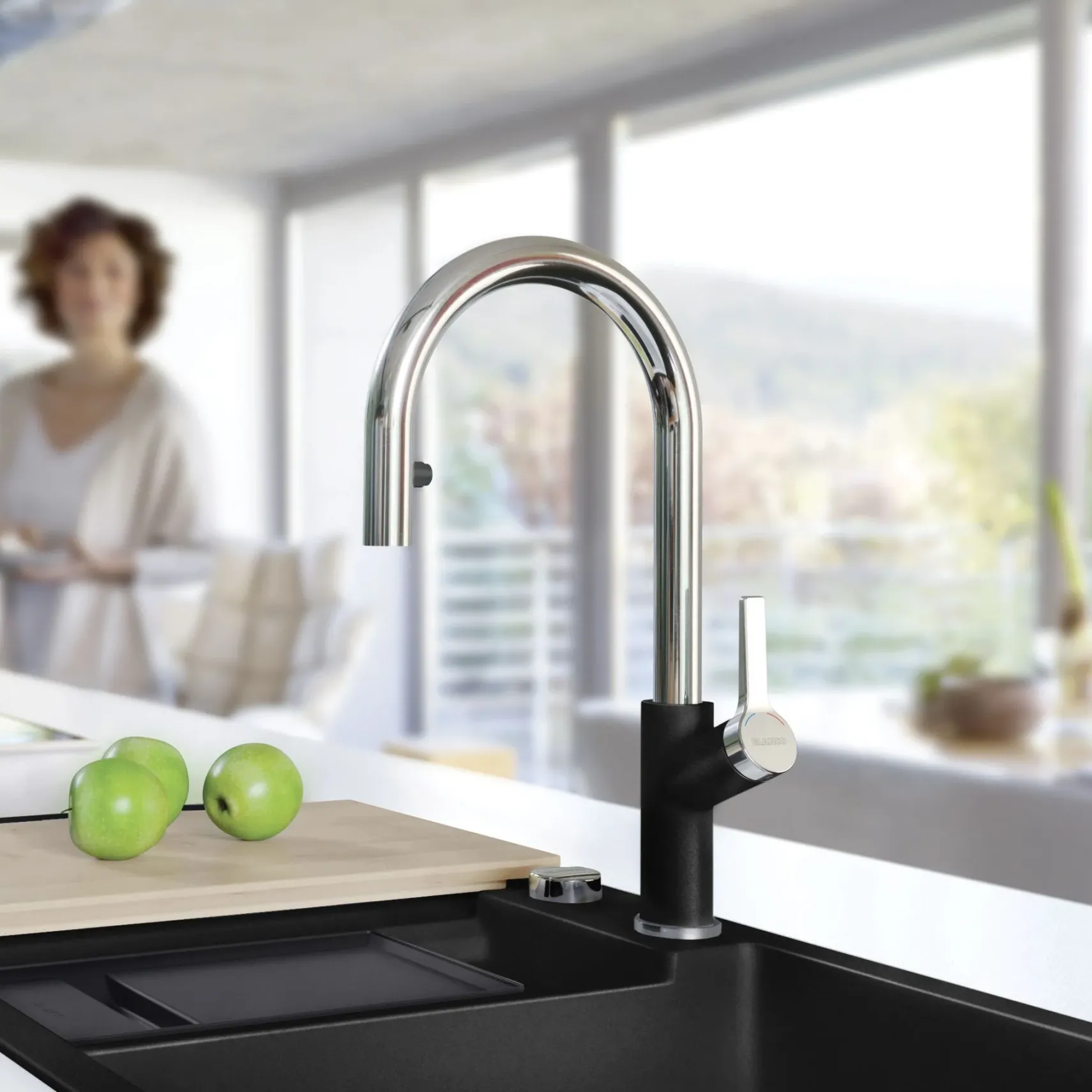 Blanco Urbena 1.5 GPM Brass Kitchen Faucet, Pull-Down, Coal Black/Chrome, 526398
