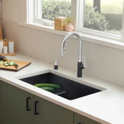Blanco Urbena 1.5 GPM Brass Kitchen Faucet, Pull-Down, Coal Black/Chrome, 526398