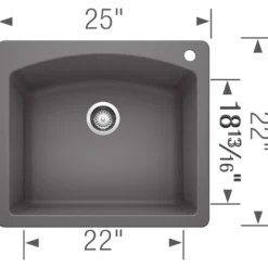 Blanco Diamond 25" Dual Mount Granite Composite Kitchen Sink, Silgranit, Cinder, 441463