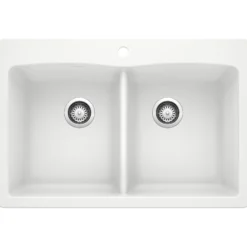Blanco Diamond 33" Dual Mount Granite Composite Kitchen Sink, Silgranit, 50/50 Double Bowl, White, 440221