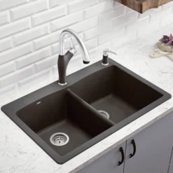 Blanco Diamond 33" Dual Mount Granite Composite Kitchen Sink, Silgranit, 50/50 Double Bowl, Cinder, 441466