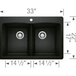 Blanco Diamond 33" Dual Mount Granite Composite Kitchen Sink, Silgranit, 50/50 Double Bowl, Coal Black, 442912