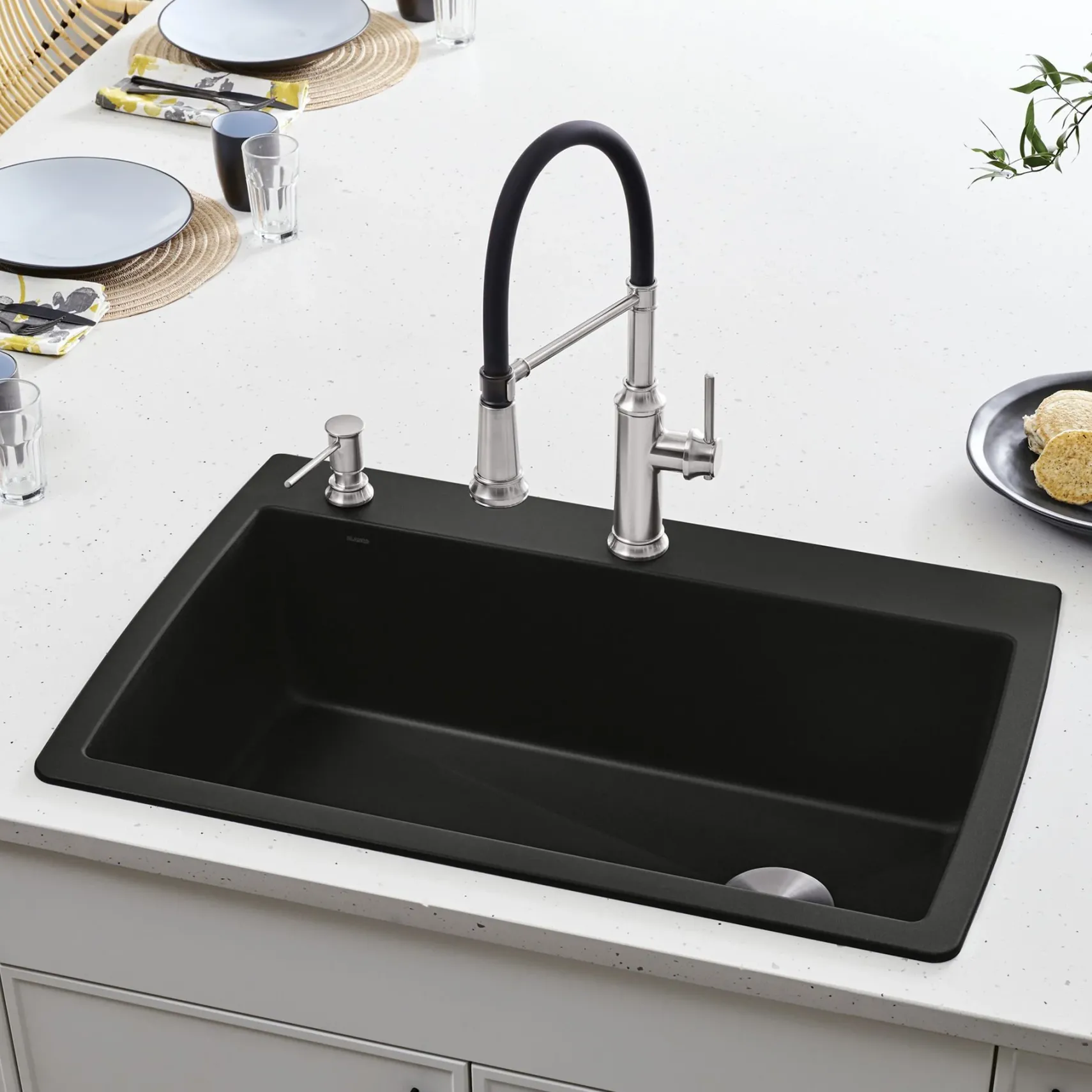 Blanco Diamond 34" Dual Mount Granite Composite Kitchen Sink, Silgranit, Coal Black, 442917