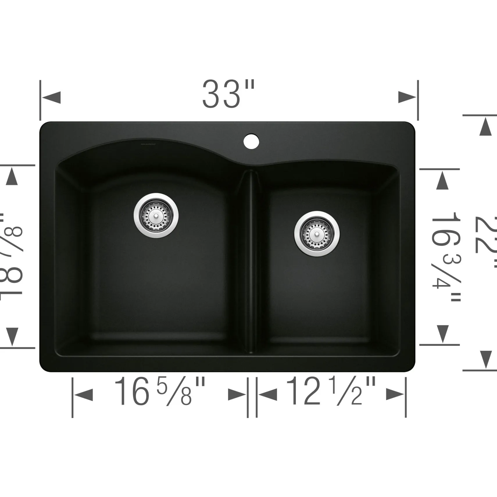 Blanco Diamond 33" Dual Mount Granite Composite Kitchen Sink, Silgranit, 60/40 Double Bowl, Coal Black, 442908